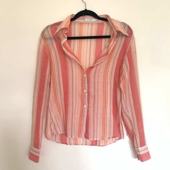 Striped Button Down Long Sleeve Shirt Quick Reflex Size M Coral Multi Colored - Picture 2 of 3
